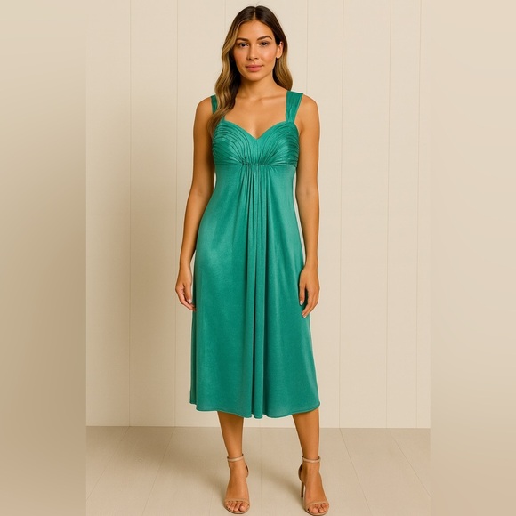 BCBGMAXAZRIA Large Teal Green Shimmery Empire Waist Cocktail Party Midi Dress - Picture 1 of 8